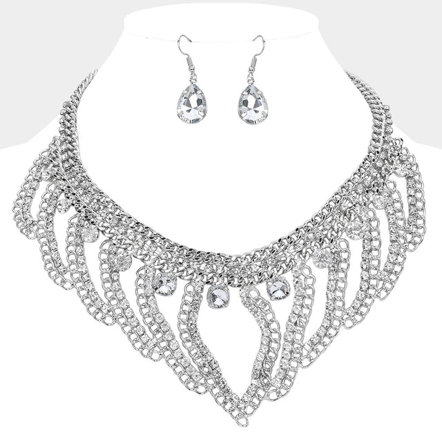 Madeline Love Clear, Rhodium Stone Cluster Pointed Chunky Abstract Chain Necklace - Necklaces