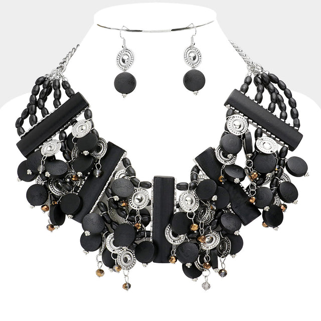 Madeline Love Black, Rhodium Ethnic Vintage Wooden Bib Necklace - Necklaces