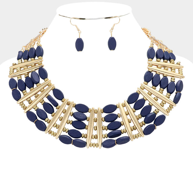 Madeline Love Blue Oval Wood Beaded Statement Necklace - Necklaces