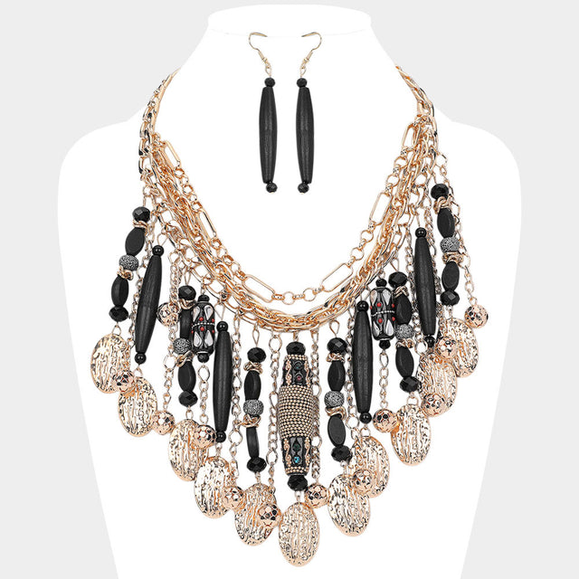 Madeline Love Black, Gold Wooden Stone Embellished Cylinder Textured Metal Oval Tip Station Collar Statement Necklace - Necklaces