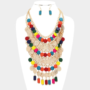 Madeline Love Multi Rainbow Round Wood Metal Disc Cluster Statement Necklace - Necklaces