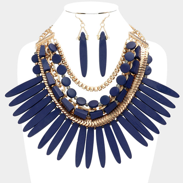 Madeline Love Blue, Gold Wooden Spike Accented Metal Chain Layered Bib Necklace - Necklaces