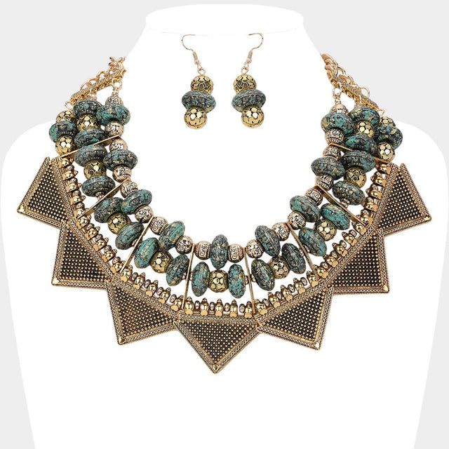 Madeline Love Antique Gold, Patina Verdigris Antique Metal Western Geometric Collar Statement Necklace - Necklaces