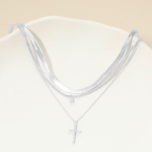 Madeline Love Clear, Silver, White Gold White Gold Dipped Stone Pave Cross Pendant Accent Layered Herringbone Chain Necklace - Necklaces