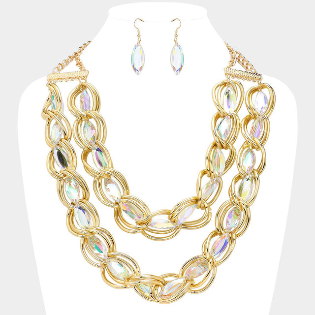 Madeline Love AB, Gold Faceted Marquise Stone Link Chunky Chain Layered Statement Necklace