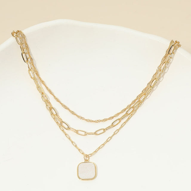 Madeline Love Gold, White 18K Gold Dipped Square Pendant Accent Mixed Paperclip Chain Layered Necklace