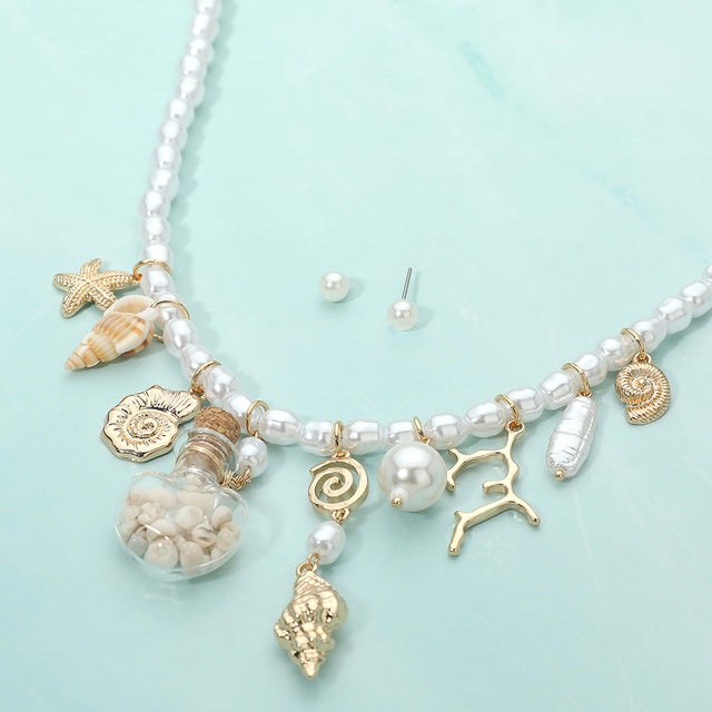Madeline Love Cream, Gold Coastal Starfish Shell Charm Station Beaded Pearl Necklace - Necklaces