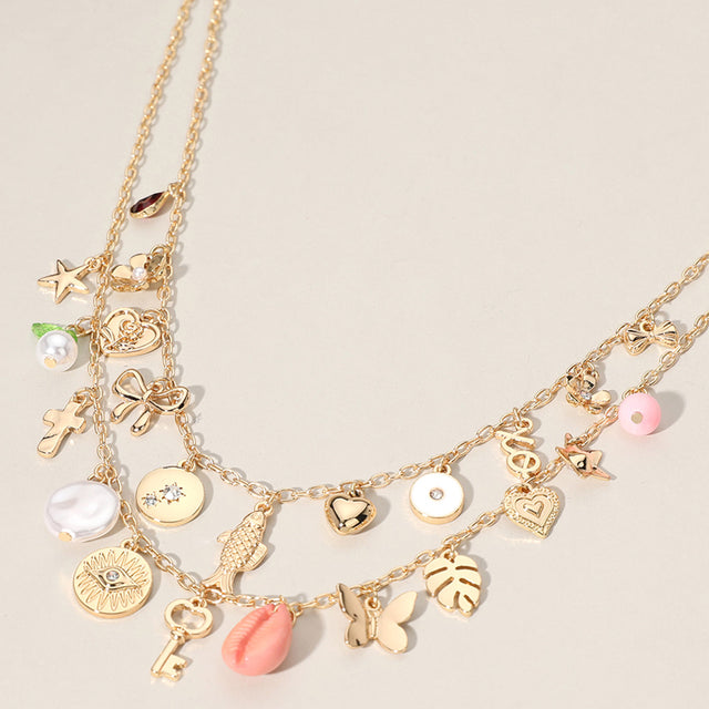 Gold, Pink Metal Key Fish Bow Heart Butterfly Leaf Puka Shell Pearl Flower XO Evil Eye Charm Station Double Layered Necklace