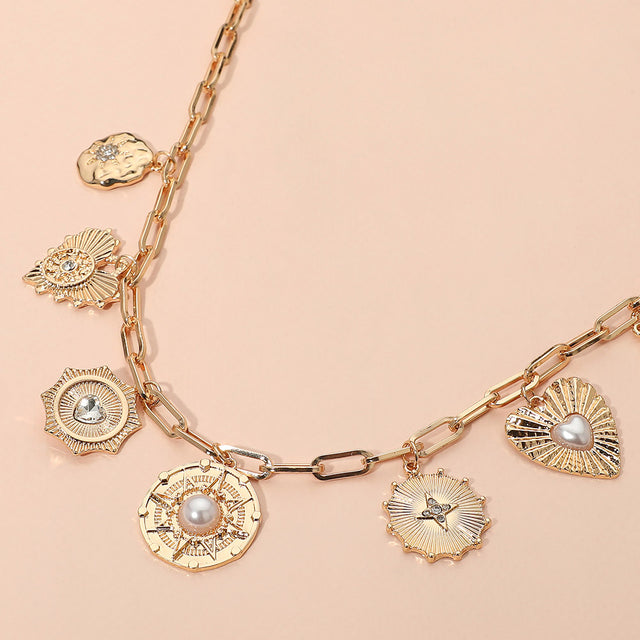 Madeline Love Gold Pearl Accent Vintage Heart Coin Charm Station Paperclip Chain Necklace
