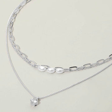 Madeline Love Cream, Silver Stone Cluster Pendant Accent Pearl Beaded Paperclip Chain Layered Necklace - Necklaces