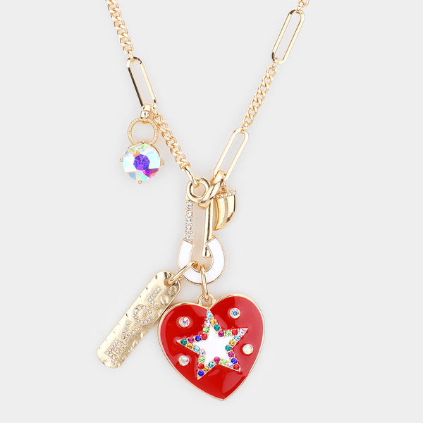 Rhinestone Embellished Safety Pin LOVE Star Centered Enamel Heart Pendant Necklace