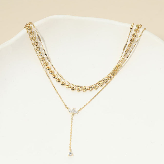 Madeline Love Clear, Gold 18K Gold Dipped Marquise Stone Cluster Triangle Cluster Lariat Drop Accent Mixed Chain Layered Necklace