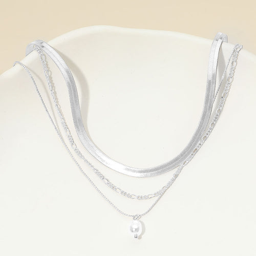 White Gold Dipped Pearl Accent Herringbone Chain Layered Necklace - Cream, Silver, White Gold