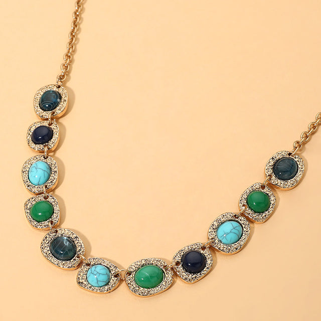 Madeline Love Antique Gold, Blue Boho Natural Stone Frame Link Necklace