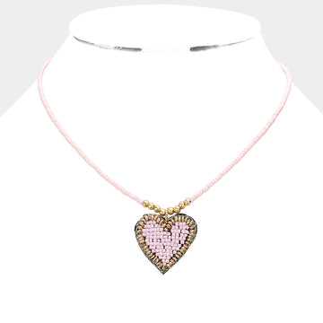 Felt Back Beaded Heart Pendant Necklace - Pink - Necklaces