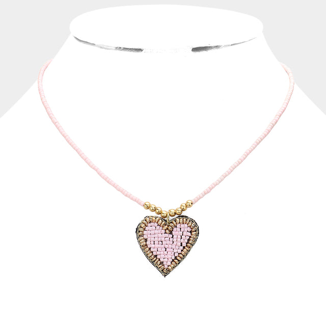 Felt Back Beaded Heart Pendant Necklace - Pink - Necklaces