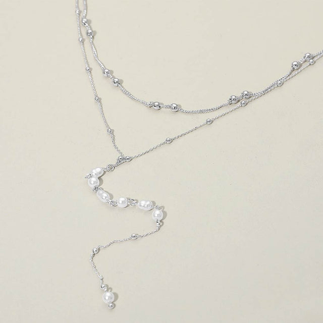 Madeline Love Cream, Silver Layered Pearl Drop Earrings - Necklaces