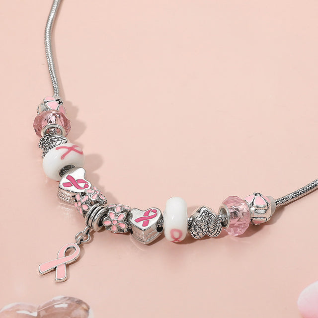 Pink Pink Ribbon Charm Accent Multi Beaded Necklace