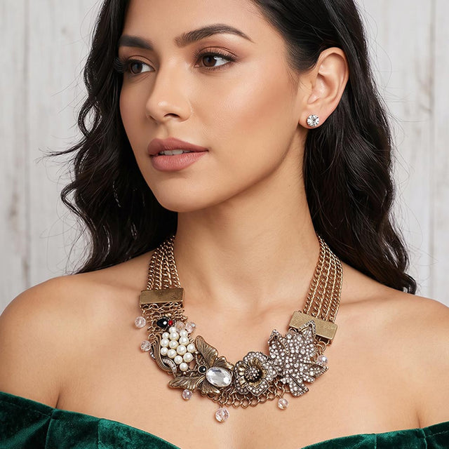 Madeline Love Clear, Cream, Gold Crystal Pearl Embellished Vintage Floral Butterfly Statement Necklace