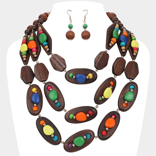 Madeline Love Multi, Wood Triple Layered Pebble Embellished Wooden Plate Bib Statement Necklace - Necklaces
