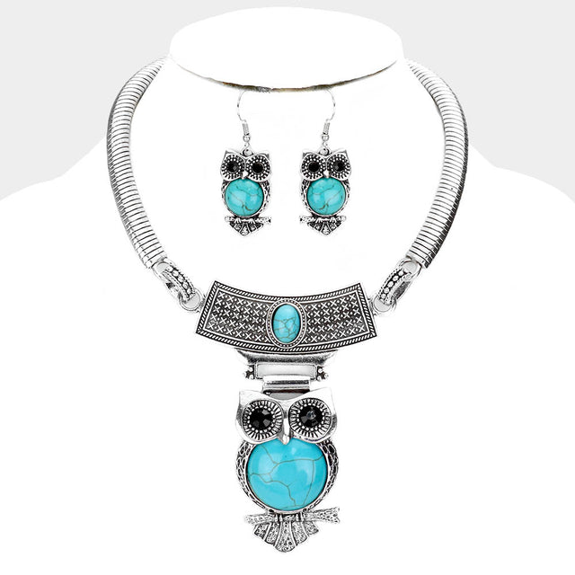 Madeline Love Turquoise Embossed Metal Owl Natural Stone Round Necklace - Necklaces