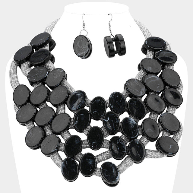 Madeline Love Black Marbled Oval Bead Cluster Statement Necklace - Necklaces