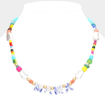 Madeline Love Blue MAMA Celluloid Acetate Message Accented Pearl Multi Beaded Necklace - Necklaces