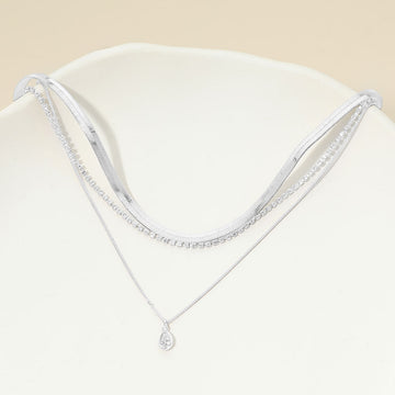 Madeline Love Clear, Silver, White Gold White Gold Dipped Teardrop Stone Bezel Accent Herringbone Chain Layered Necklace - Necklaces