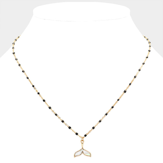 Black Mother Of Pearl Beads Station Whale Tail Pendant Necklace