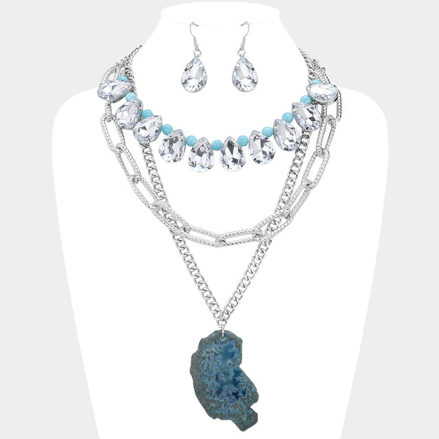 Madeline Love Rhodium, Turquoise 2PCS - Natural Stone Pendant Pointed Teardrop Stone Link Multi Chain Layered Statement Necklace - Necklaces