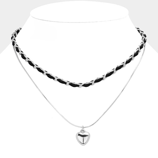 Faux Suede Double Layered Metal Heart Pendant Necklace - Black Rhodium - Necklaces
