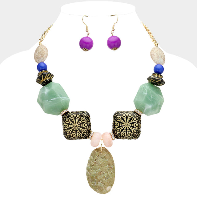 Gold, Multi Shell Pendant Pointed Wood Natural Stone Beaded Bib Necklace