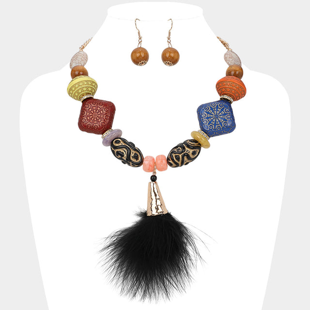 Madeline Love Gold, Multi Ethic Chunky Wooden Natural Stone Beaded Feather Pendant Statement Necklace - Necklaces