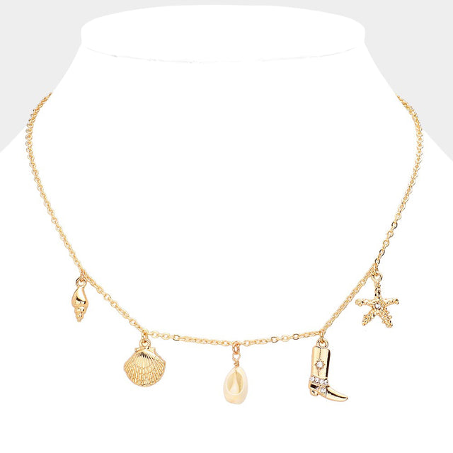 Madeline Love Gold Shell Western Boots Starfish Charm Station Necklace - Necklaces