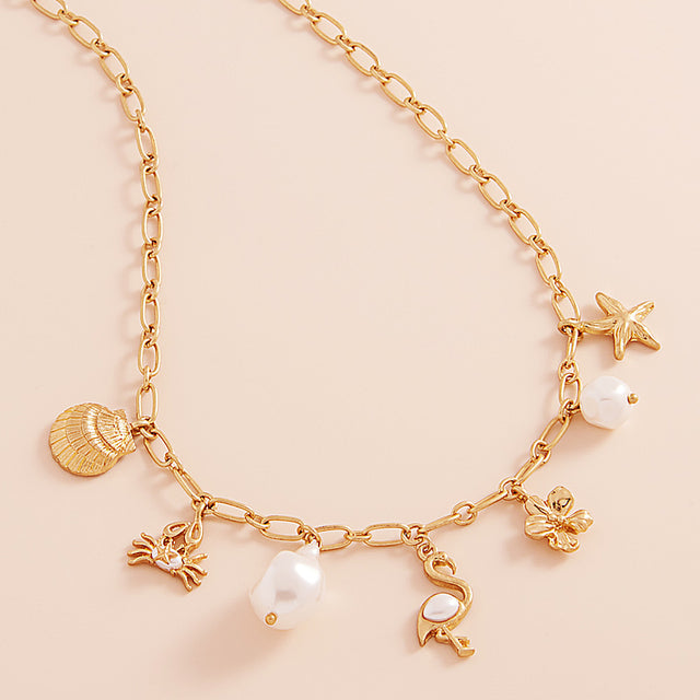 Matte gold Metal Seashell Crab Starfish Flower Pearl Flamingo Charm Station Necklace