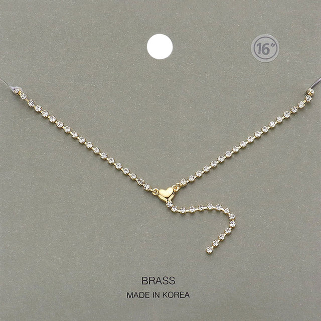 Brass Metal Dainty Rhinestone Chain Heart Pendant Necklace - Gold - Necklaces