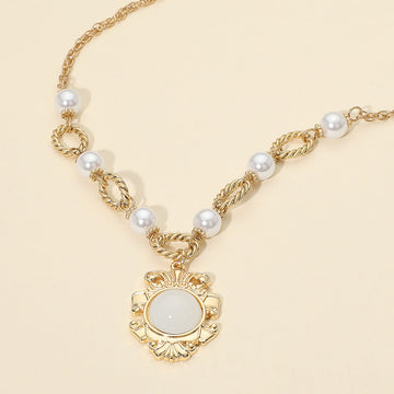 Madeline Love White, Worn Gold Vintage Medallion Pearl Necklace - Necklaces