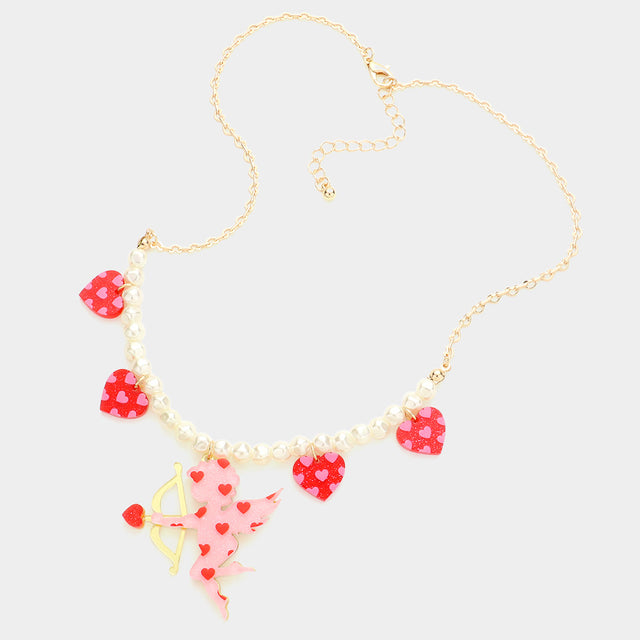 Heart Cupid Pendant Pearl Necklace - Pink - Necklaces
