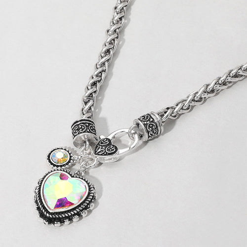 Heart Stone Pendant Antique Metal Necklace - AB, Antique Silver