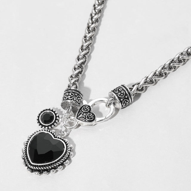 Madeline Love Antique Silver, Black Heart Stone Pointed Pendant Antique Metal Necklace - Necklaces