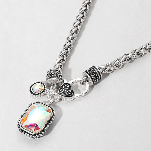Rectangular Stone Pendant Antique Metal Necklace - AB, Antique Silver