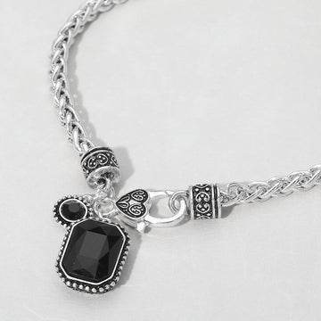 Madeline Love Antique Silver, Black Rectangular Stone Pendant Antique Metal Necklace - Necklaces