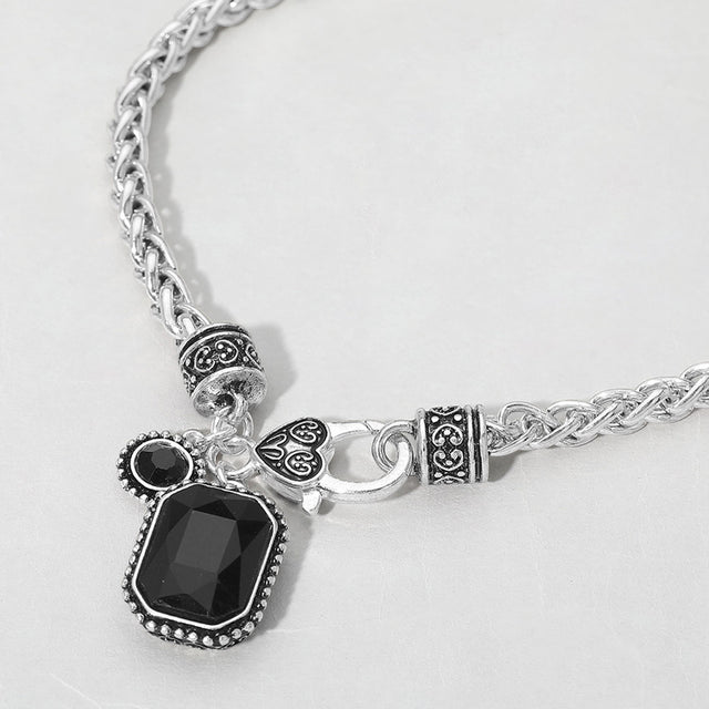 Madeline Love Antique Silver, Black Rectangular Stone Pendant Antique Metal Necklace - Necklaces