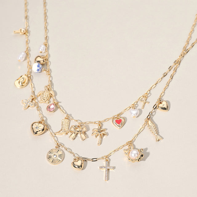 Gold, Multi 2PCS - Metal Fish Palm Tree Bow Cowboy Boot Sea Turtle Pearl Heart Cross Ceramic Ball Charm Station Necklace