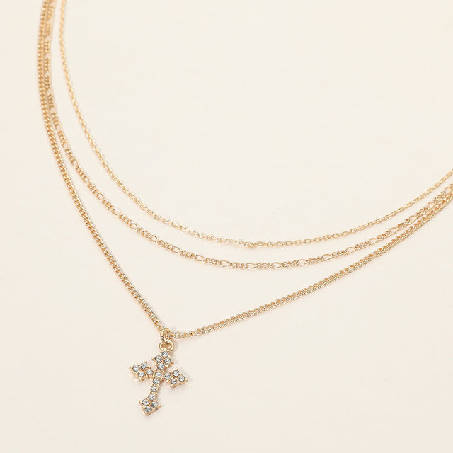 Madeline Love Clear, Gold Rhinestone Pave Cross Pendant Accent Multi Layered Necklace