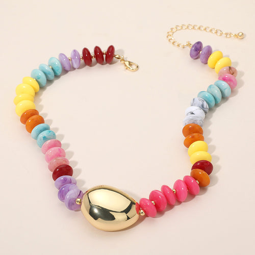 Chunky Pebble Resin Beaded Statement Necklace - Gold, Multi