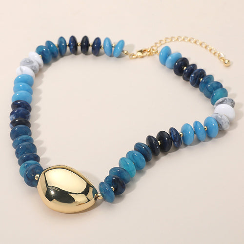 Chunky Pebble Resin Beaded Statement Necklace - Gold, Navy
