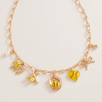 Madeline Love Gold, Yellow Softball Bow Pearl Charm Necklace - Necklaces