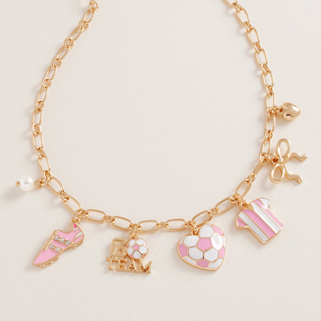 Gold, Pink Soccer Bow Pearl Heart Charm Necklace
