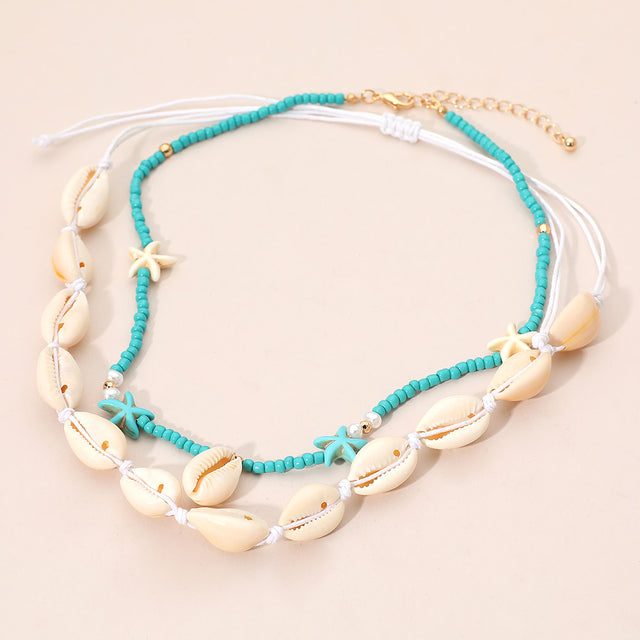 Madeline Love Blue 2PCS - Conch Shell Beaded Starfish Seed Beaded Layered Necklaces
